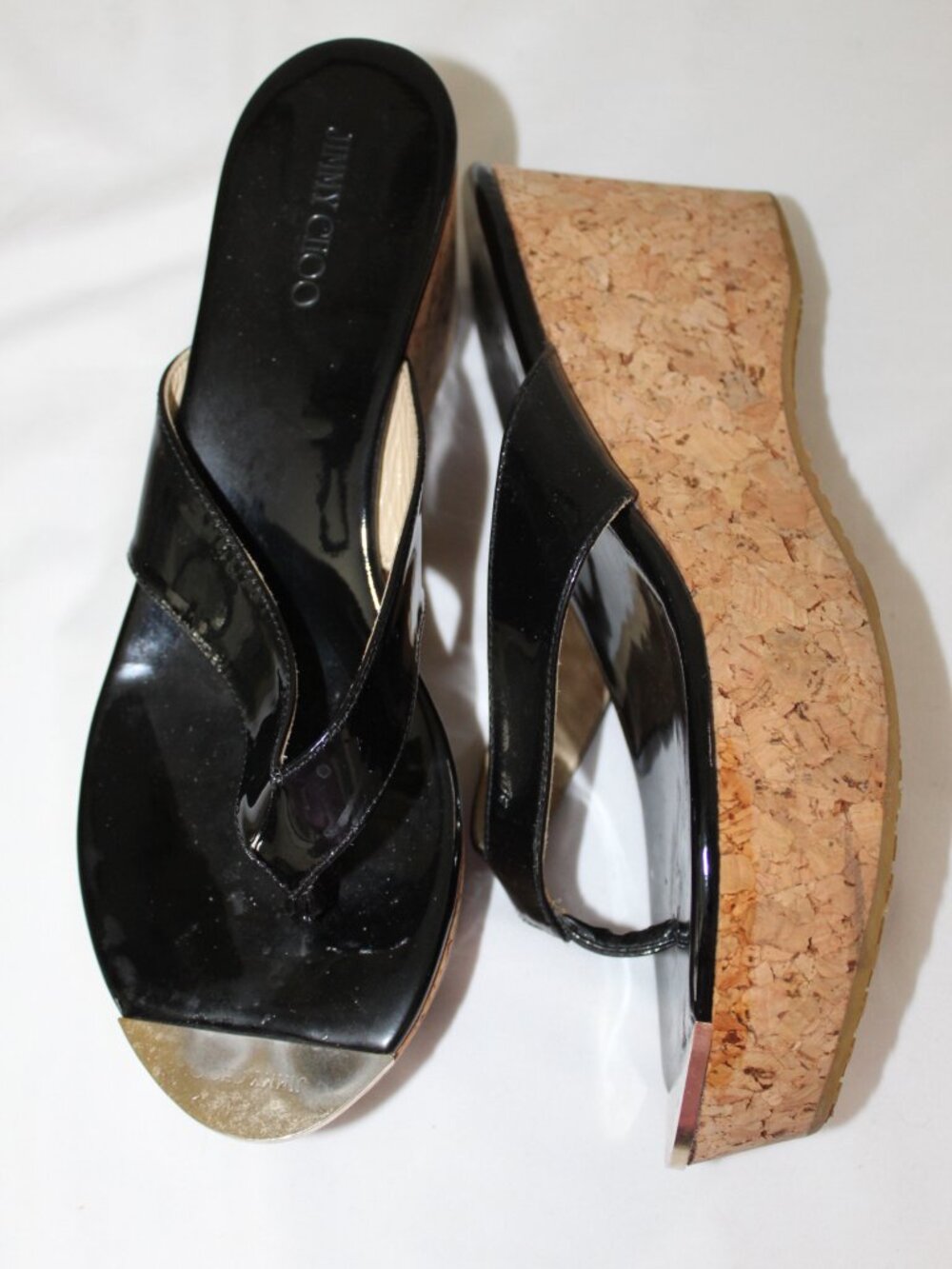 Jimmy Choo Platform Thong Wedge Cork Sandals Pathos Black Patent Leather 40